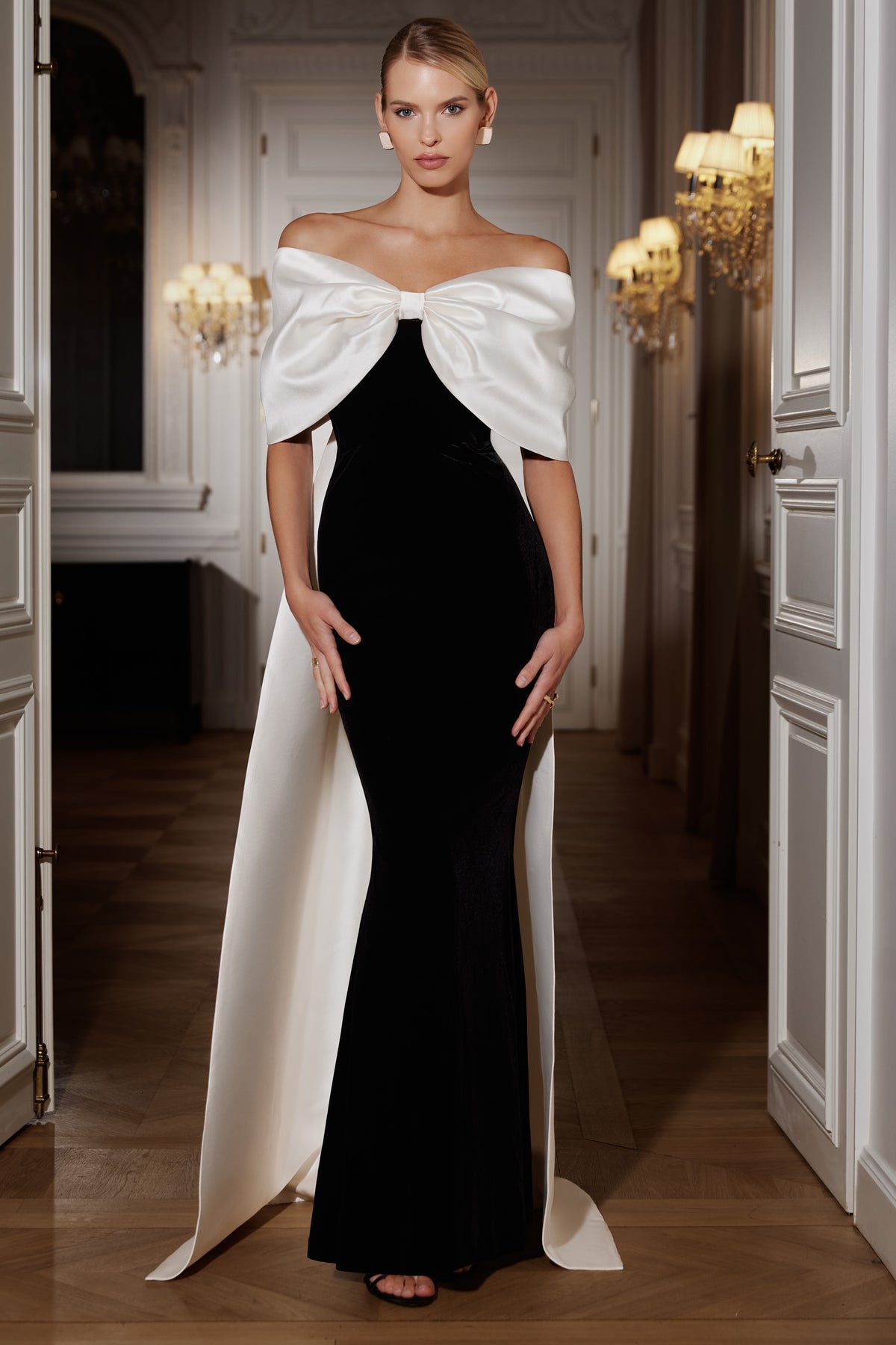 Wanting More Black & White Satin Cape Maxi Dress With Oversized Bow Club L London - USA Wanting More Black & White Satin Cape Maxi Dress With Oversized Bow Club L London - USA
