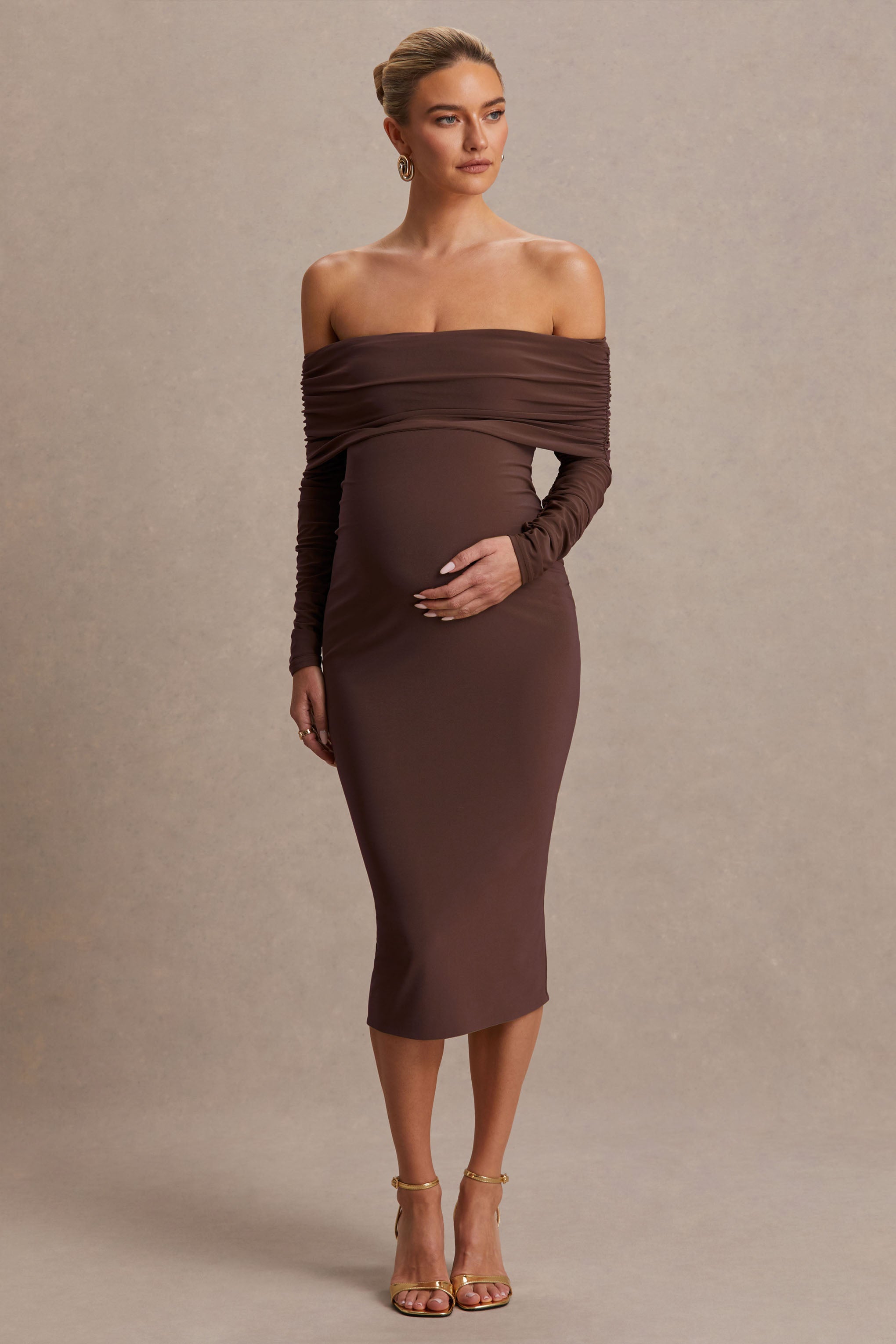 Elspeth | Brown Bardot-Neck Maternity Midi Dress – Club L London - USA