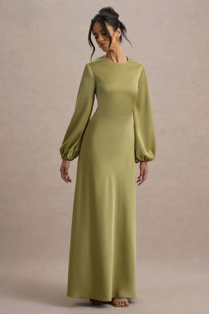 Crawley Light Green Satin Puff-Sleeve Maxi Dress – Club L