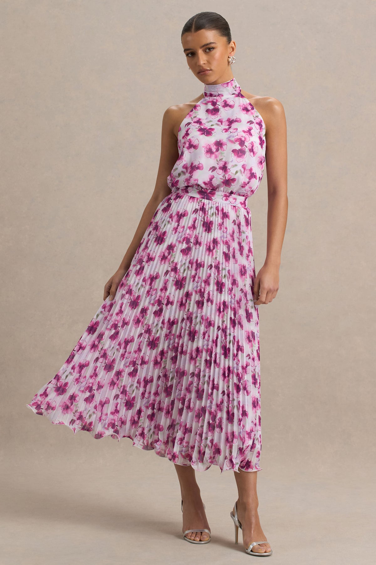 Refractive Purple Floral Print Satin Maxi Dress With Halter-Neck and Club L London - USA Refractive Purple Floral Print Satin Maxi Dress With Halter-Neck and Club L London - USA