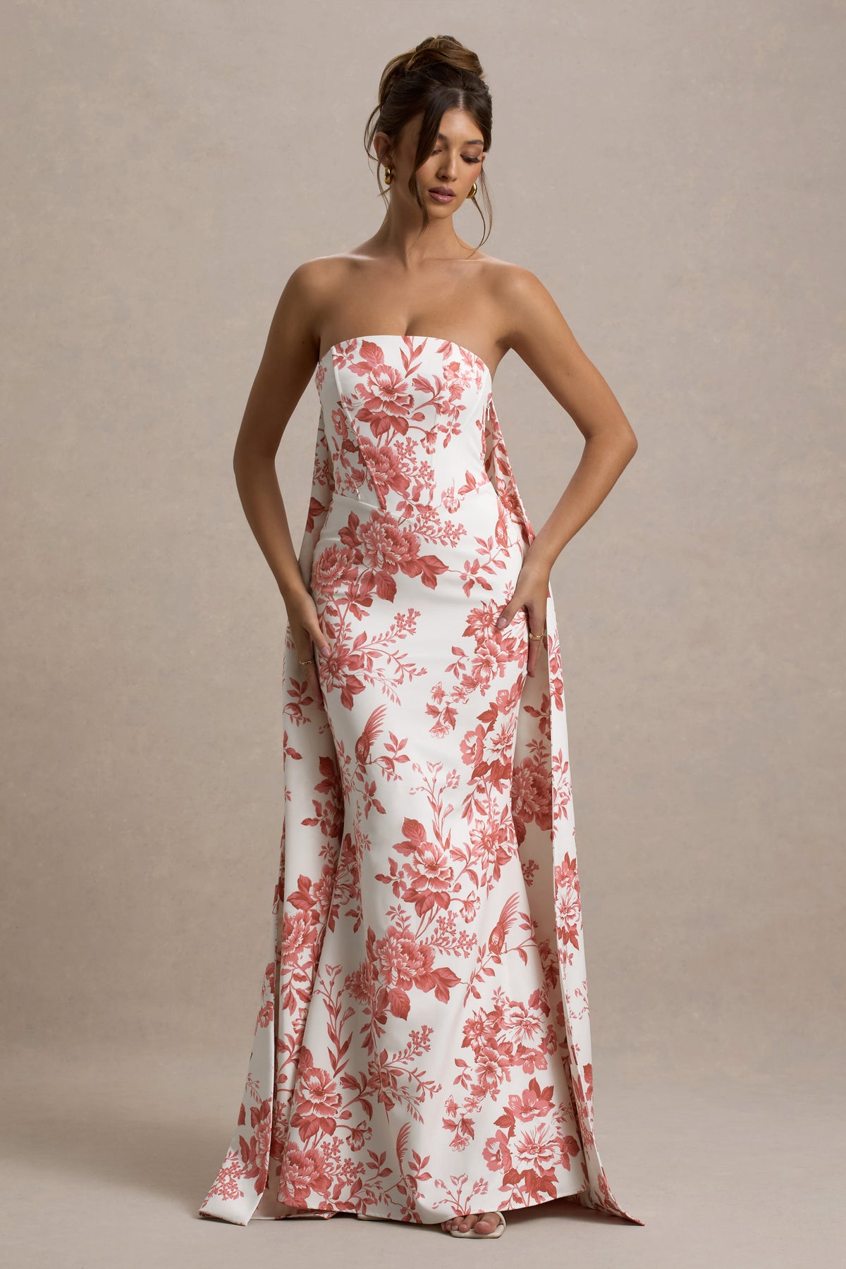 Lywenn | Pink Porcelain Print Bandeau Maxi Dress With Cape