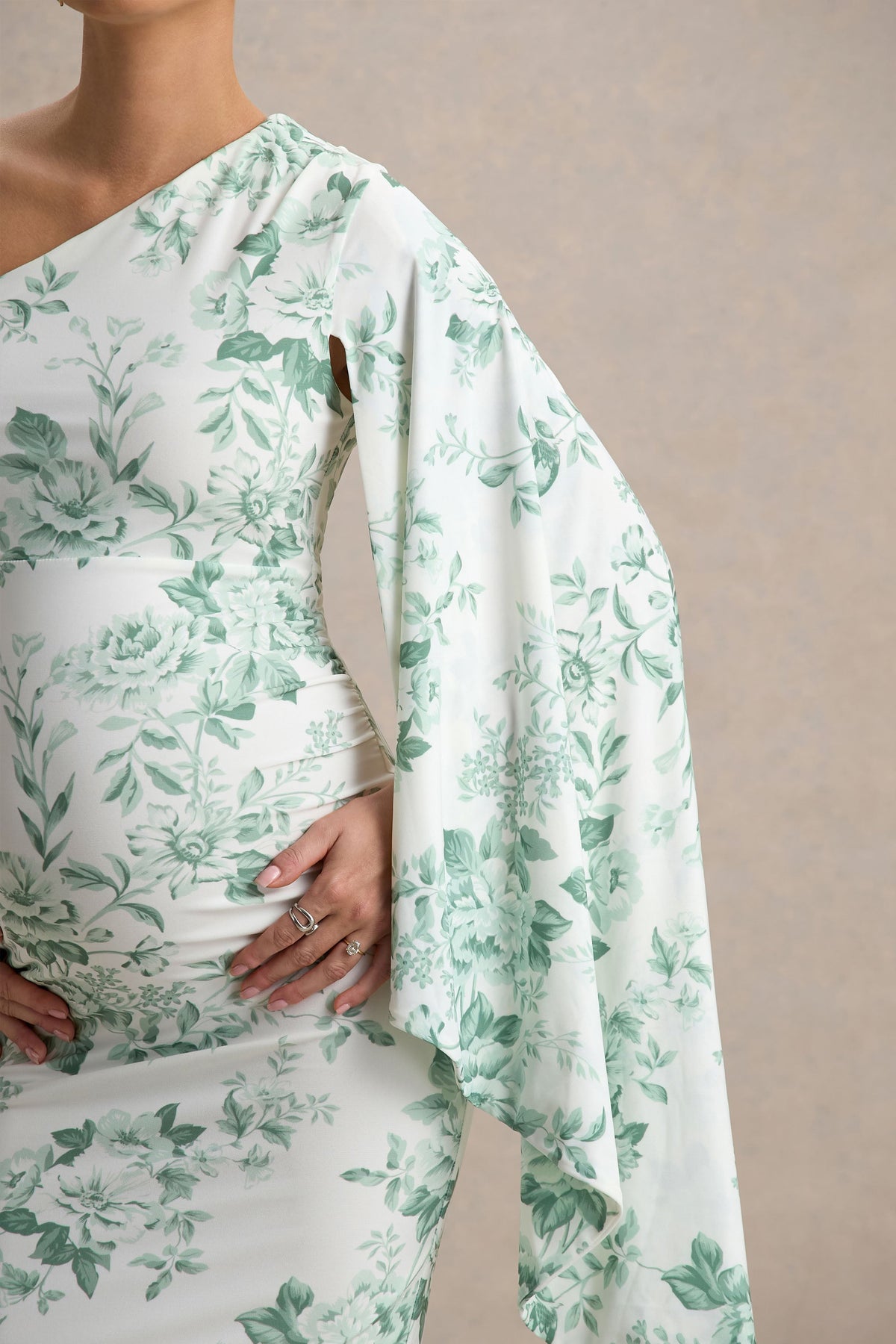 Aliana | Green Porcelain Print Asymmetric Maternity Maxi Dress With Ruched Detailing Aliana | Green Porcelain Print Asymmetric Maternity Maxi Dress With Ruched Detailing
