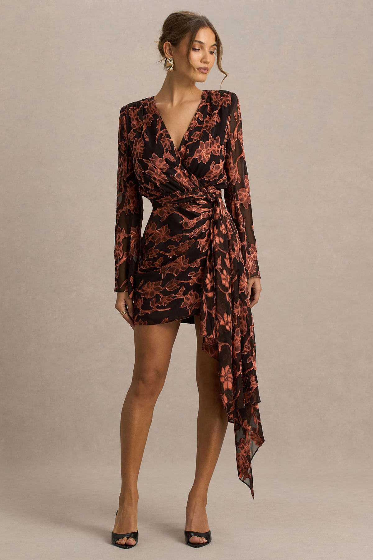 Lindsey Black And Rust Plunge-Neck Wrap Mini Dress With Bell Sleeves Club L London - USA Lindsey Black And Rust Plunge-Neck Wrap Mini Dress With Bell Sleeves Club L London - USA