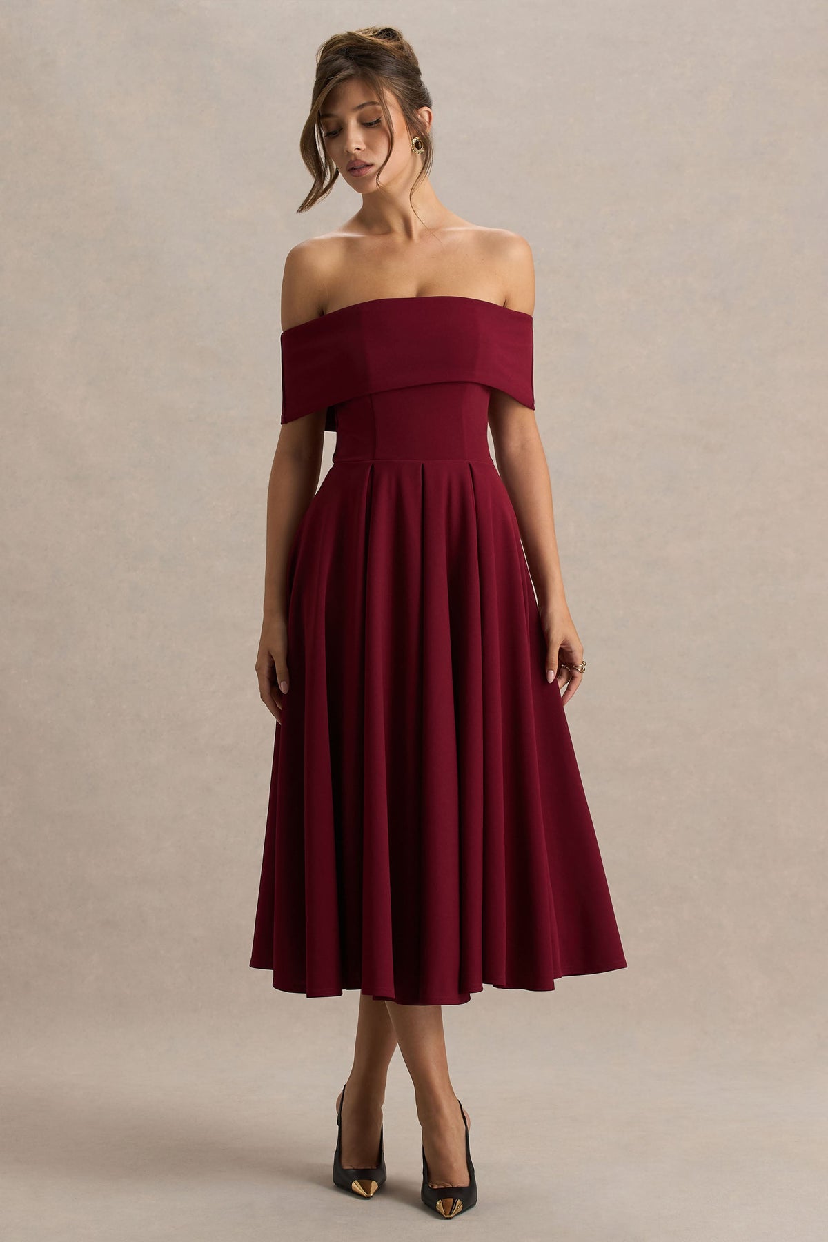 Isabella Burgundy Bardot-Neck Midi Dress Club L London - USA Isabella Burgundy Bardot-Neck Midi Dress Club L London - USA