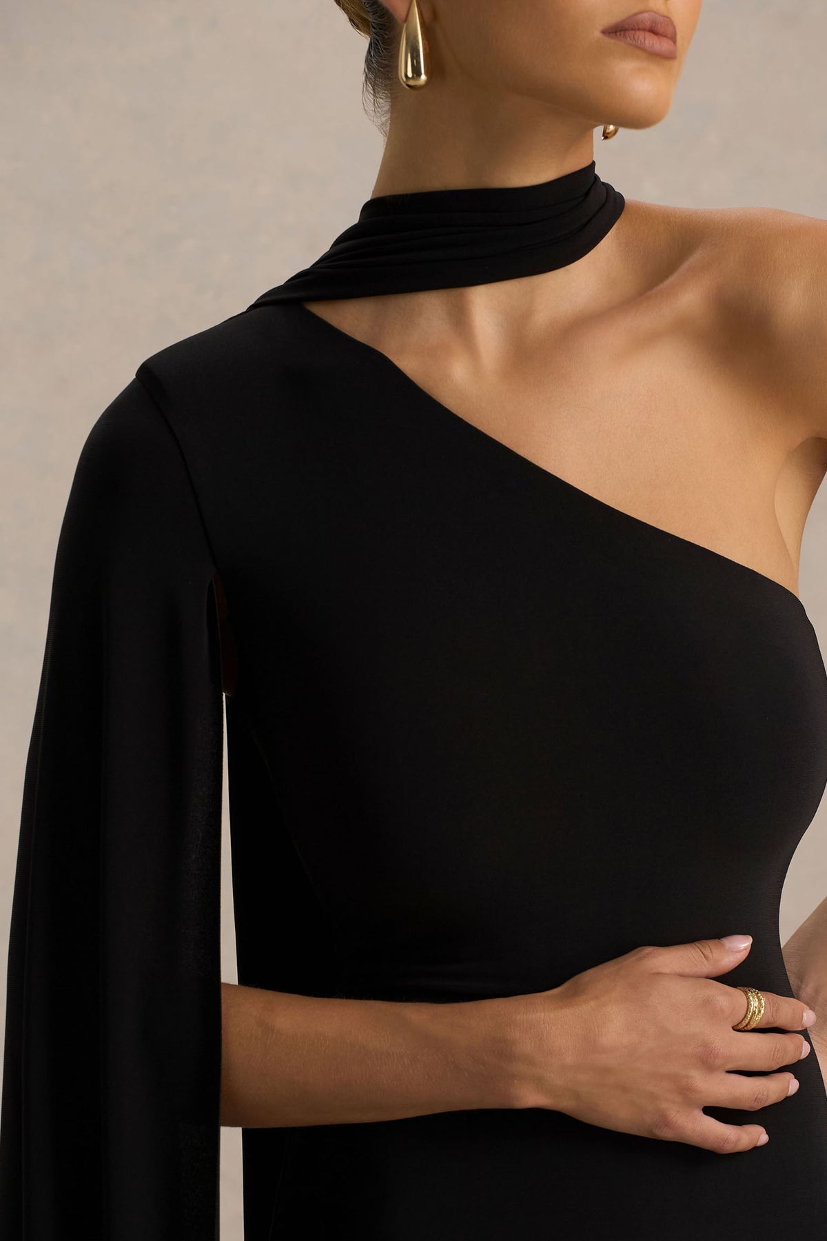 Arianne Black Asymmetric-Neck Mini Dress With Scarf Detail Club L London - USA Arianne Black Asymmetric-Neck Mini Dress With Scarf Detail Club L London - USA