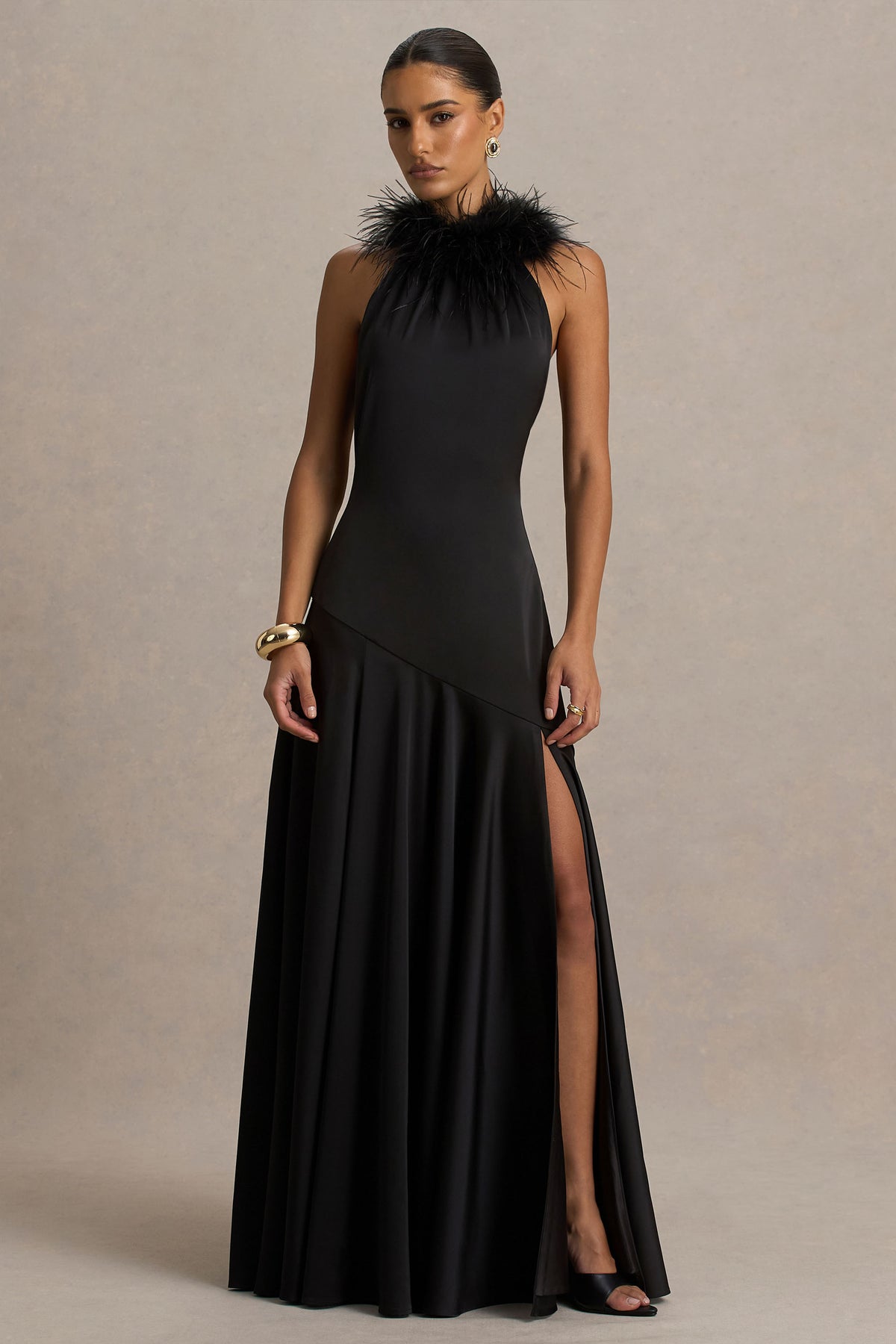 Jemima Black Satin Halter-Neck Maxi Dress With Feather Trim Club L London - USA Jemima Black Satin Halter-Neck Maxi Dress With Feather Trim Club L London - USA