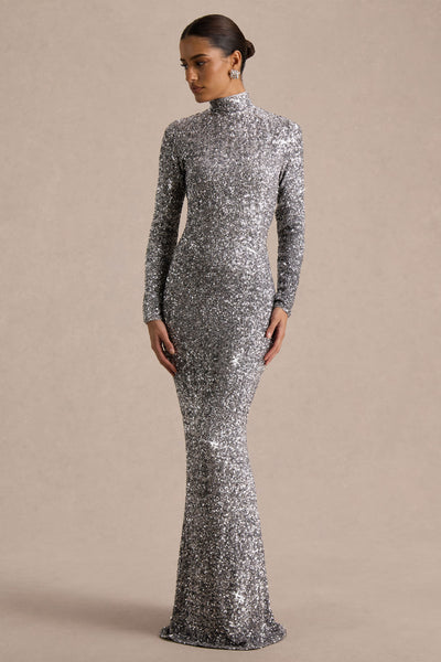 silver sequin dress long Galaxy | Turtle-Neck Long-Sleeve Maxi cottage core clothing Charcoal Gray Smarts - shoulder pads and a size:Xl within 45 catties