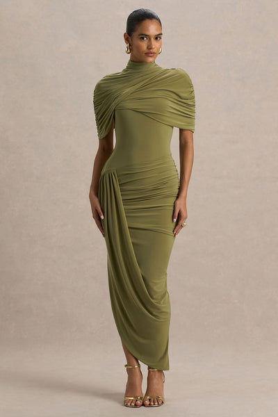 Enchant | Olive Asymmetric Twisted Cape Midi Dress – Club L London