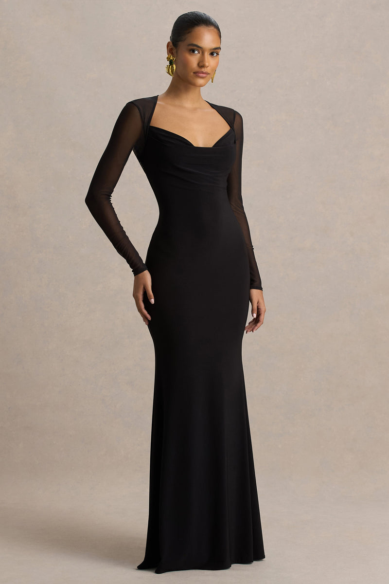 Bethan Black Cowl-Neck Maxi Dress With Mesh Sleeves And Open-Back