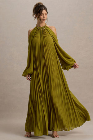 Reyna | Olive Pleated Chiffon Cold-Shoulder Maxi Dress – Club L