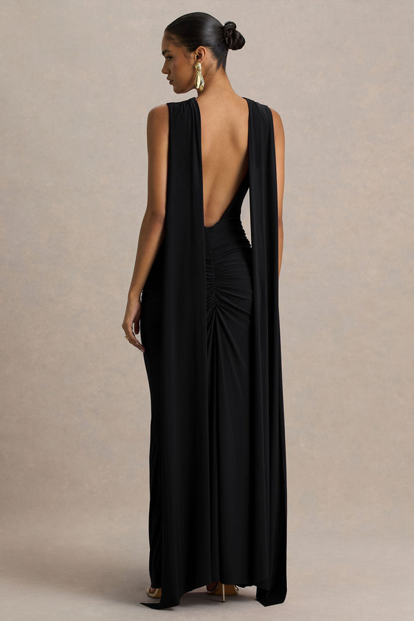 Premiere Black Boat-Neck Maxi Dress With Open-Back And Cape-Sleeves – Club  L London