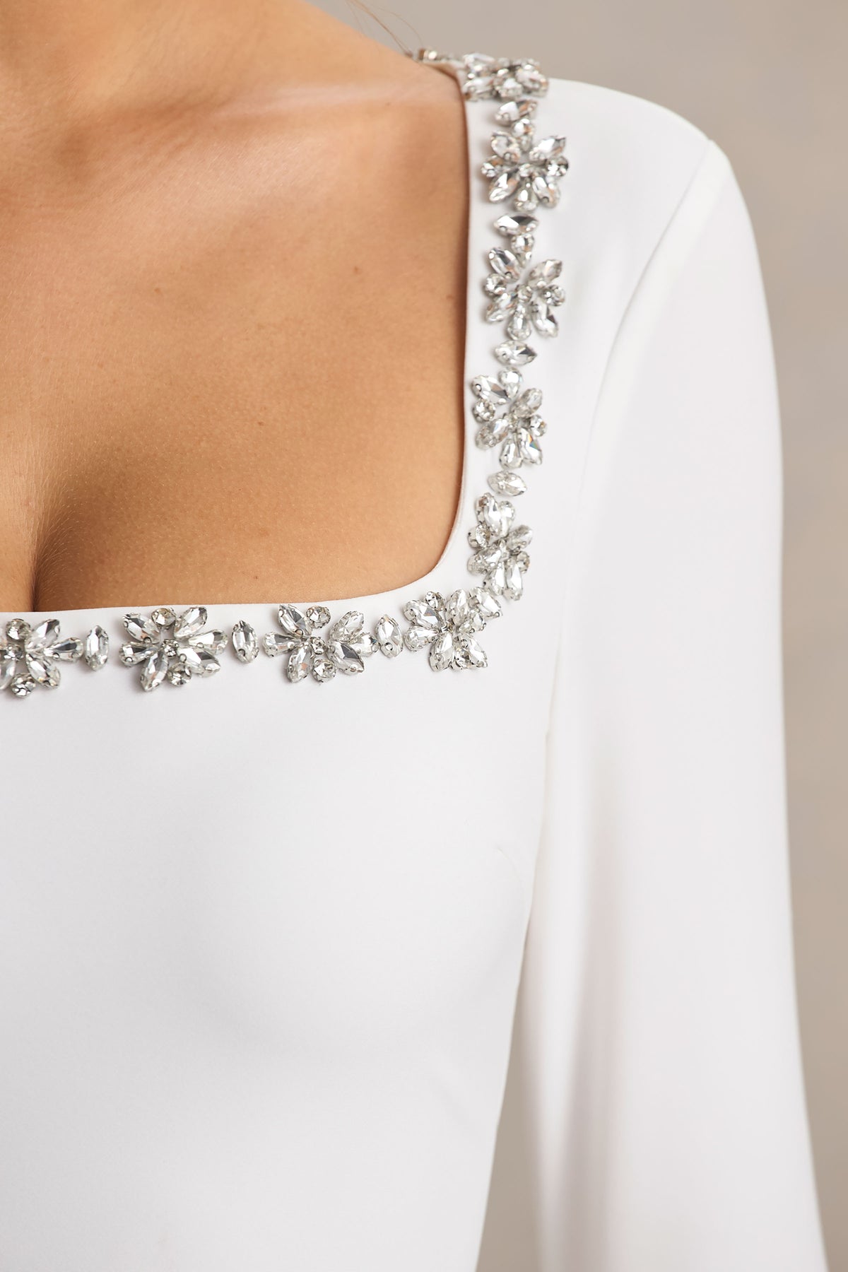 Astonish | White Long-Sleeve Embellished Square-Neck Mini Dress with Volume Skirt - UK 10 White Astonish | White Long-Sleeve Embellished Square-Neck Mini Dress with Volume Skirt - UK 10 White
