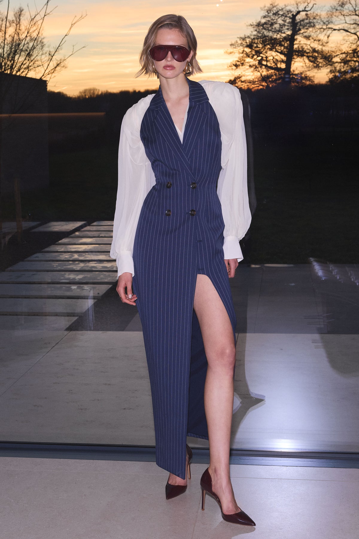 Eve | Navy Pinstripe Plunge-Neckline Tailored Maxi Dress - UK 6 Navy Pinstripe Eve | Navy Pinstripe Plunge-Neckline Tailored Maxi Dress - UK 6 Navy Pinstripe
