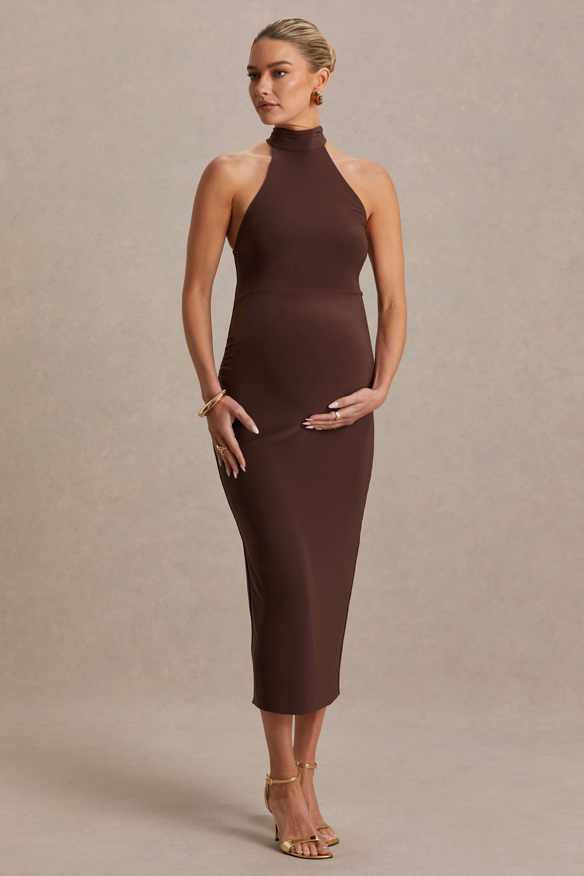 halter maternity maxi dress Black Halter Neck Smocked Maternity Maxi Dress PinkBlush