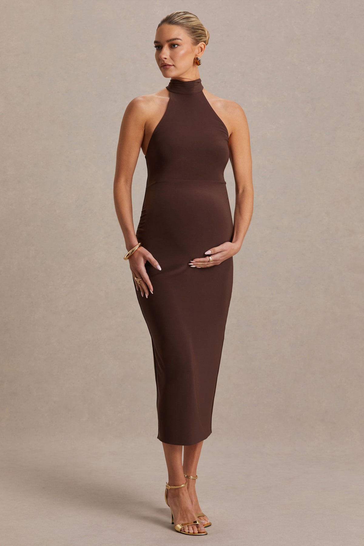 Mireille Brown Halter-Neck Maternity Midi Dress Club L London - USA Mireille Brown Halter-Neck Maternity Midi Dress Club L London - USA