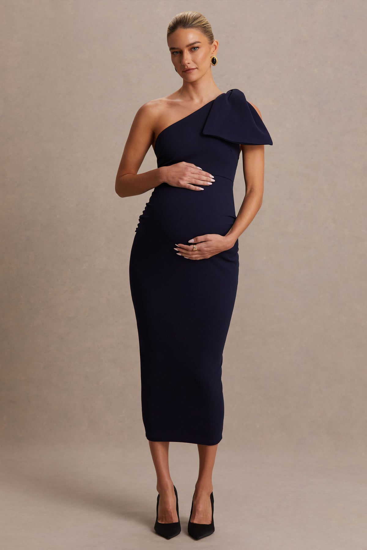 Adorn Navy Asymmetric Maternity Midi Dress With Shoulder Bow Detail Club L London - USA Adorn Navy Asymmetric Maternity Midi Dress With Shoulder Bow Detail Club L London - USA