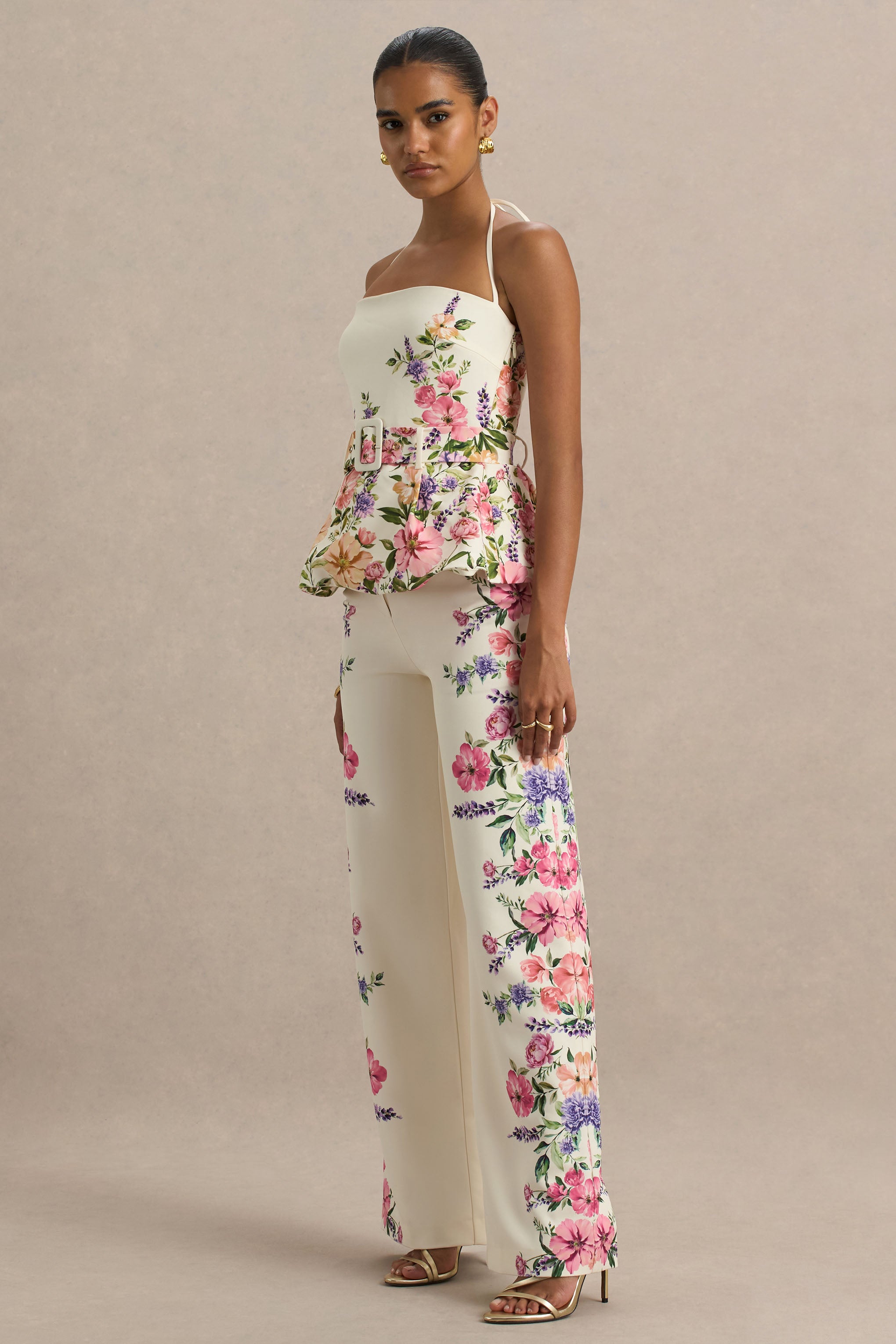 Solana | White Floral Border Print Wide-Leg Trousers – Club L