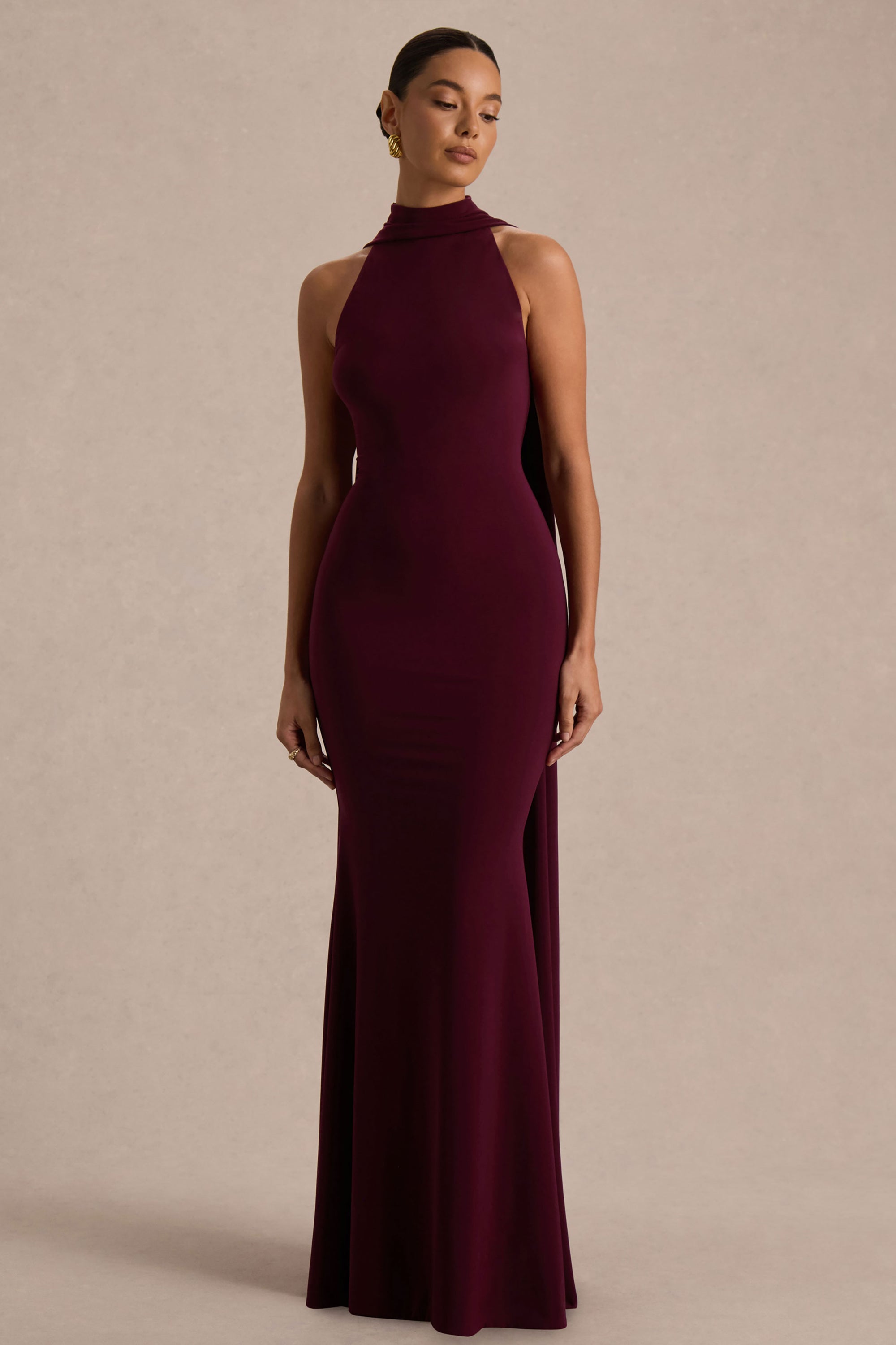 burgundy long dress Cynthia Maxi Dress- length hemline and a daring slit Burgundy Prom Dress Long Sleeves