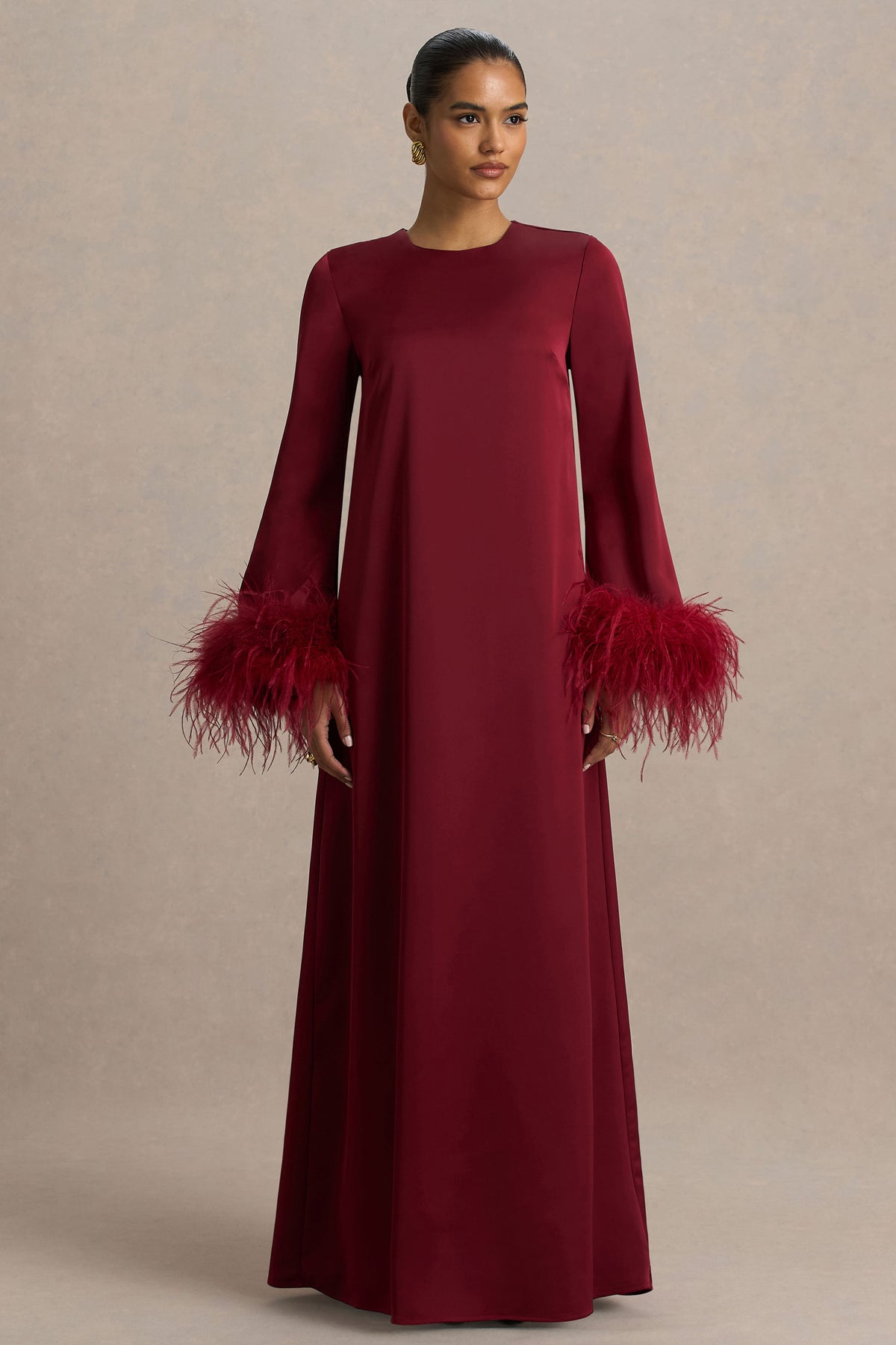Adella | Burgundy Satin Feather-Trim Maxi Dress - UK 6 Burgundy Adella | Burgundy Satin Feather-Trim Maxi Dress - UK 6 Burgundy