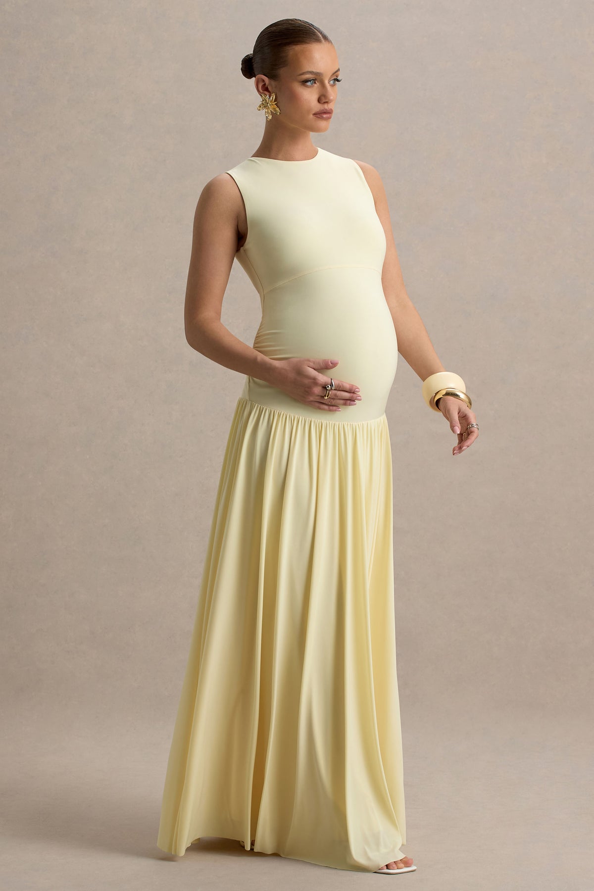 Outline | Lemon High-Neck Maternity Maxi Dress With Draped Skirt