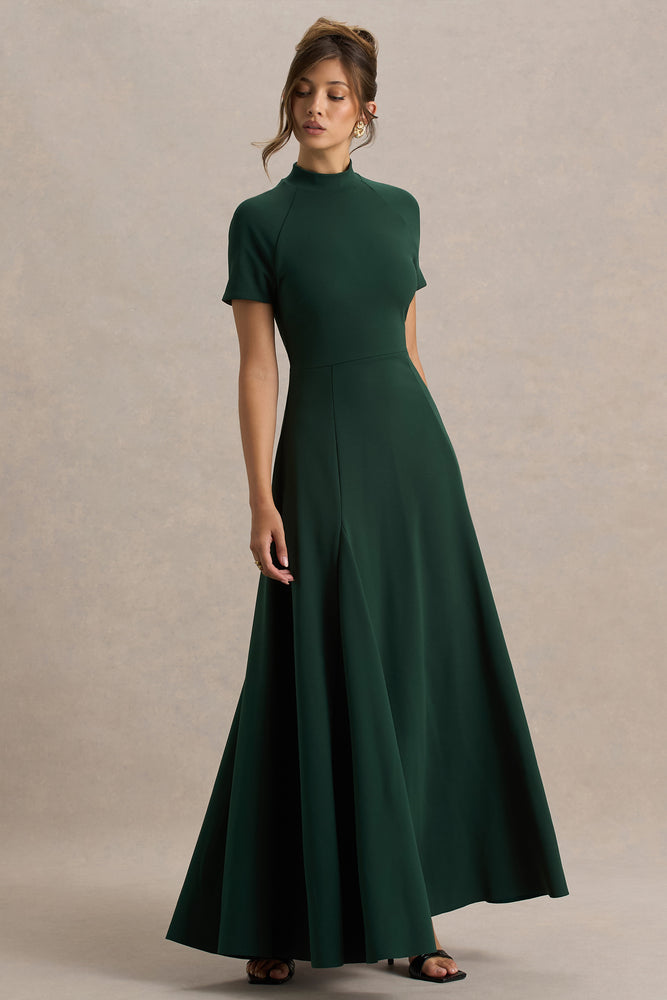 Alea Dark Green High-Neck Short-Sleeve Maxi Dress  Club L London - USA