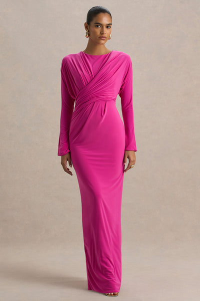 Regina Hot Pink High-Neck Draped Wrap Maxi Dress Club L London - USA Regina Hot Pink High-Neck Draped Wrap Maxi Dress Club L London - USA