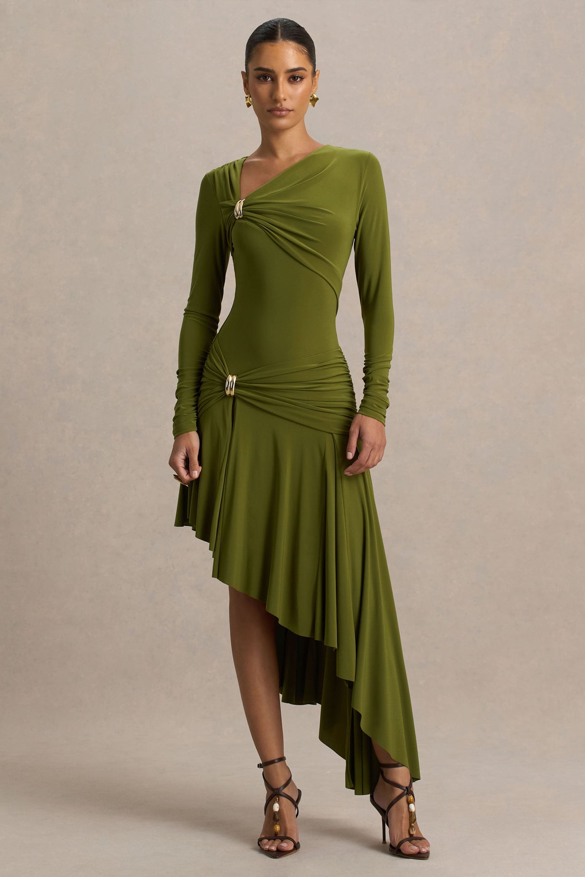 Alexia | Green Asymmetric-Neck Maxi Dress With Gold-Details - UK 14 MOSS Green Alexia | Green Asymmetric-Neck Maxi Dress With Gold-Details - UK 14 MOSS Green