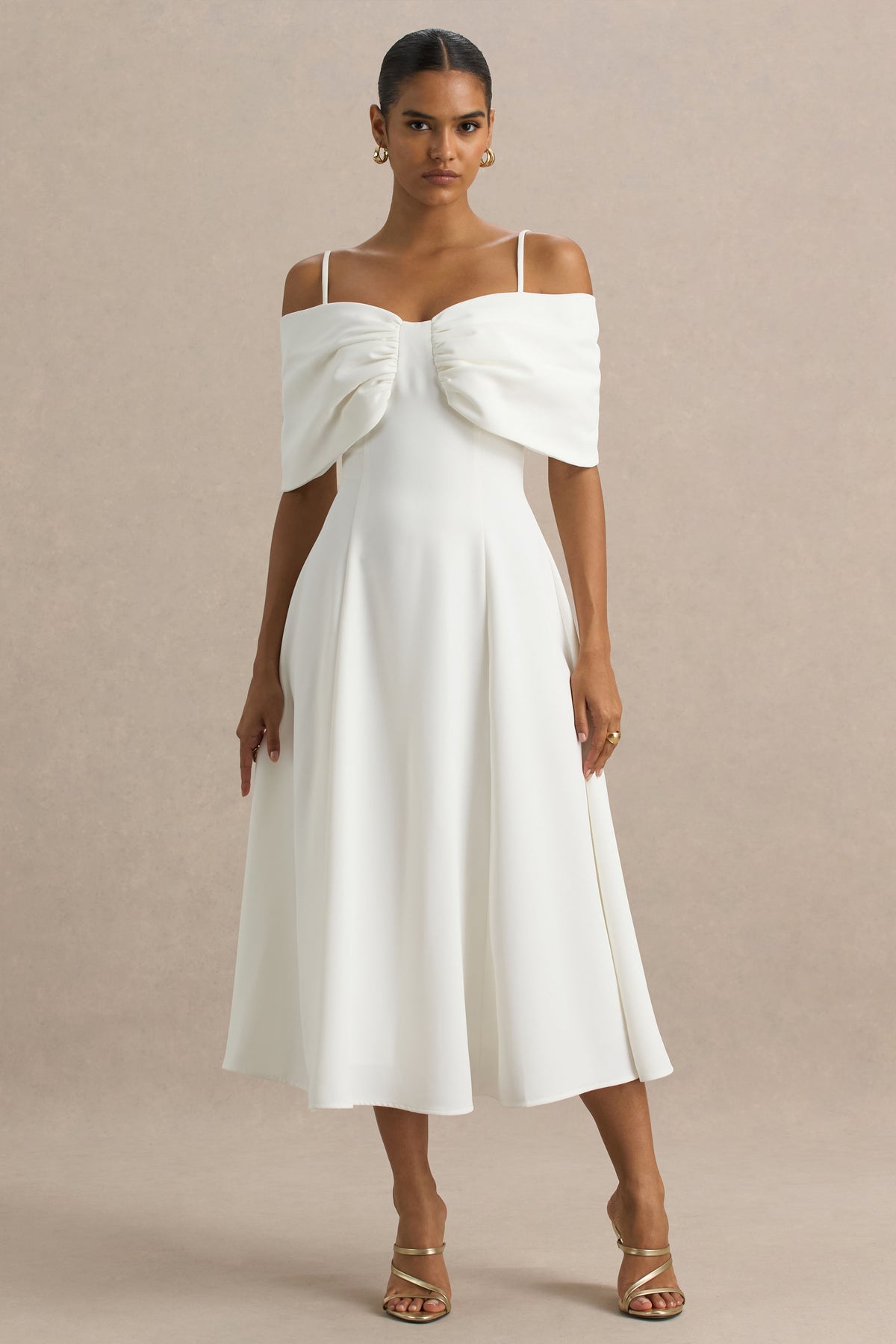 Hettie White Short-Sleeve Bardot Midi Dress With Bow Detail Club L London - USA Hettie White Short-Sleeve Bardot Midi Dress With Bow Detail Club L London - USA