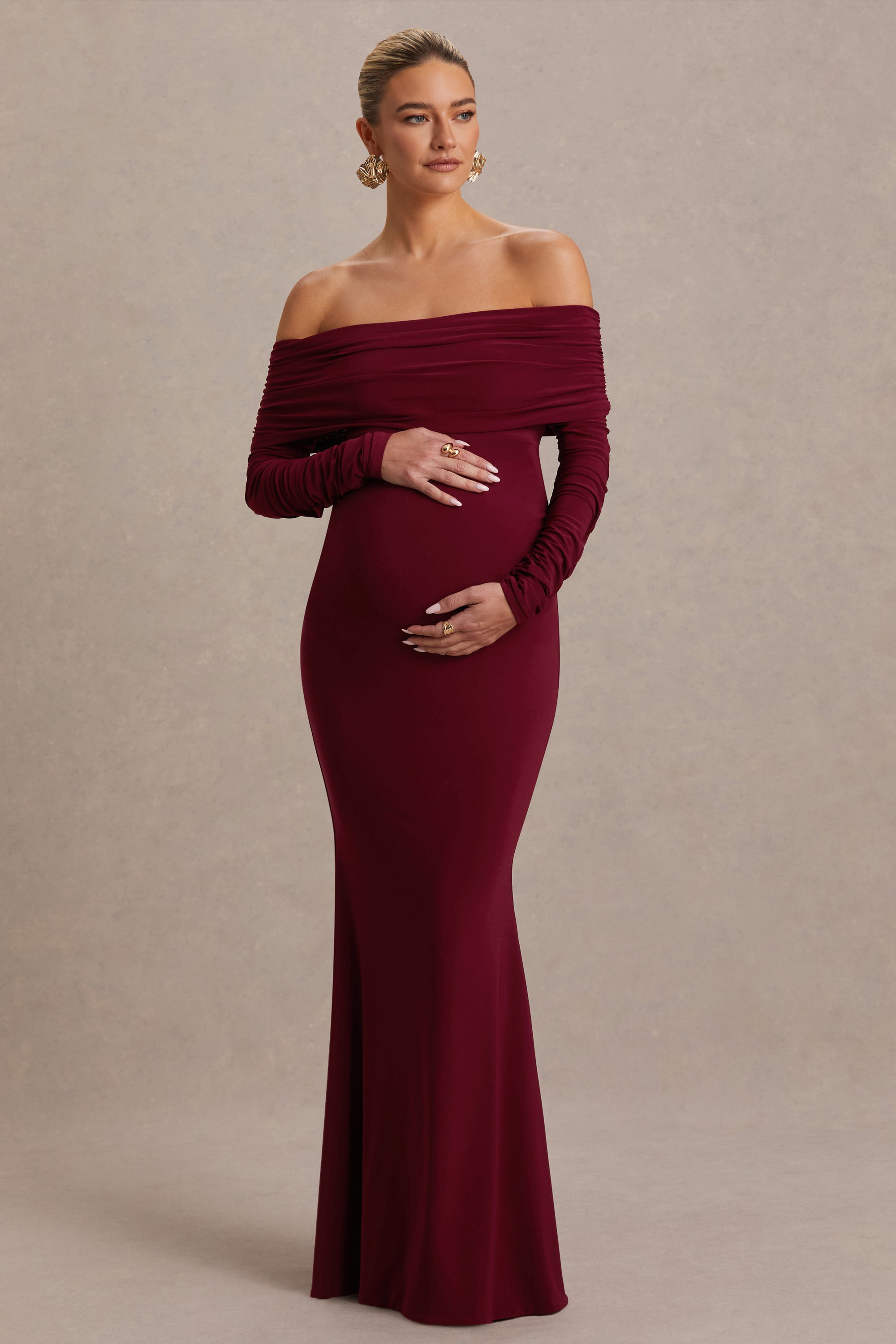 red off the shoulder maternity dress Red Off Shoulder Maternity Midi Dress