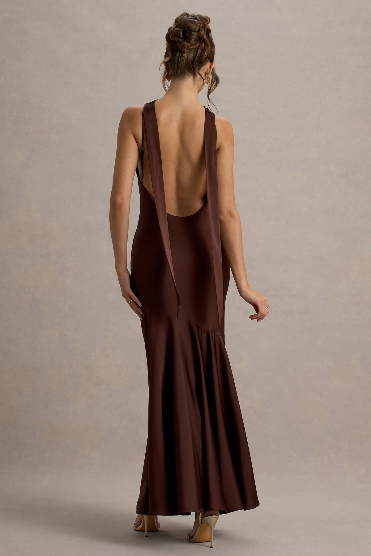 Amelita Brown Satin Cowl-Neck Maxi Dress Club L London - USA Amelita Brown Satin Cowl-Neck Maxi Dress Club L London - USA