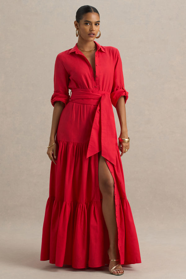 Sydney | Red Belted Maxi Shirt Dress - UK 12 Red