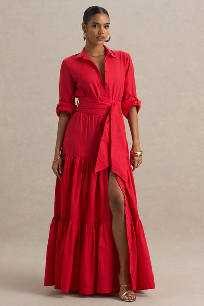 Sydney Red Belted Maxi Shirt Dress  Club L London - USA