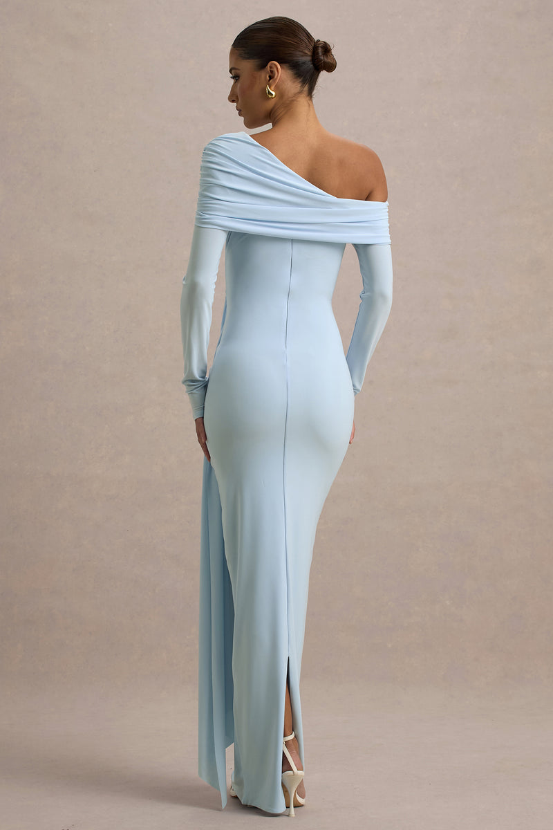 light blue long sleeve dress Valina | Powder BLUE Ruched Asymmetric Maxi Dress With Drape