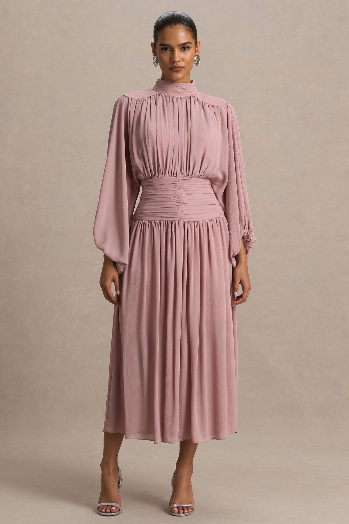 Annabel Dusty Pink High-Neck Midi Dress With Drop-Waist And Pleated Club L London - USA Annabel Dusty Pink High-Neck Midi Dress With Drop-Waist And Pleated Club L London - USA