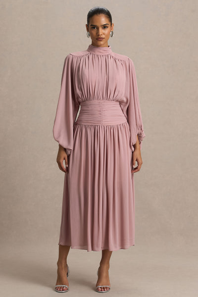 Annabel | Dusty Pink High-Neck Midi Dress With Drop-Waist And