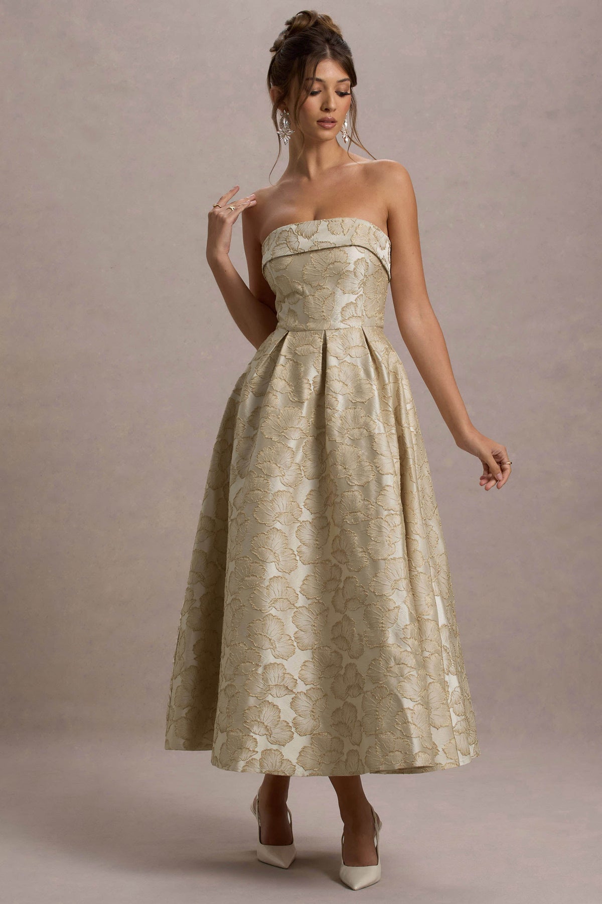 Zuma Gold Metallic Jacquard Strapless Midi Dress Club L London - USA Zuma Gold Metallic Jacquard Strapless Midi Dress Club L London - USA