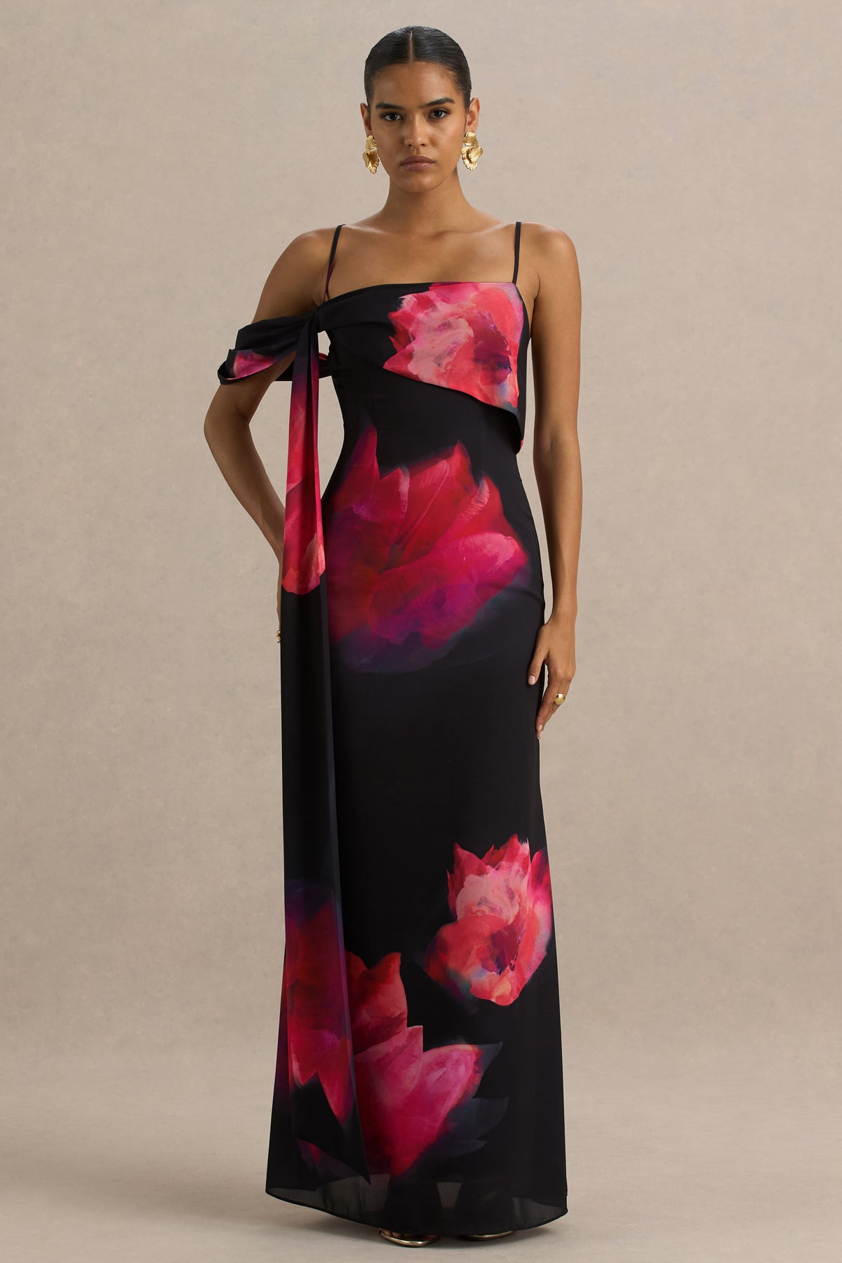 Leonara | Black AND PINK Floral Print Cowl-Neck Maxi Dress With One-Sleeve - UK 12 Black AND PINK ABSTRACT Floral Leonara | Black AND PINK Floral Print Cowl-Neck Maxi Dress With One-Sleeve - UK 12 Black AND PINK ABSTRACT Floral