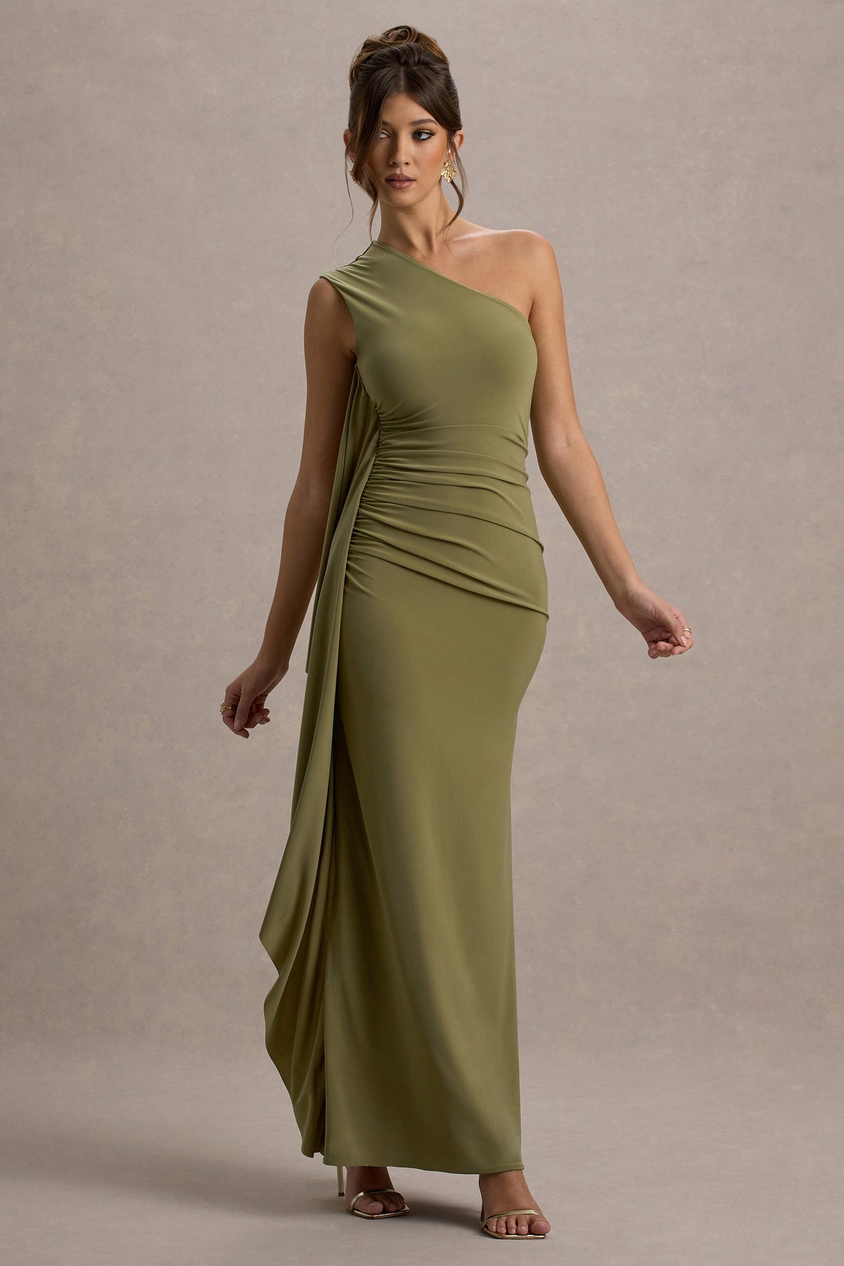 Adelina | Olive One-Shoulder Maxi Dress With Drape - UK 12 green Olive Adelina | Olive One-Shoulder Maxi Dress With Drape - UK 12 green Olive