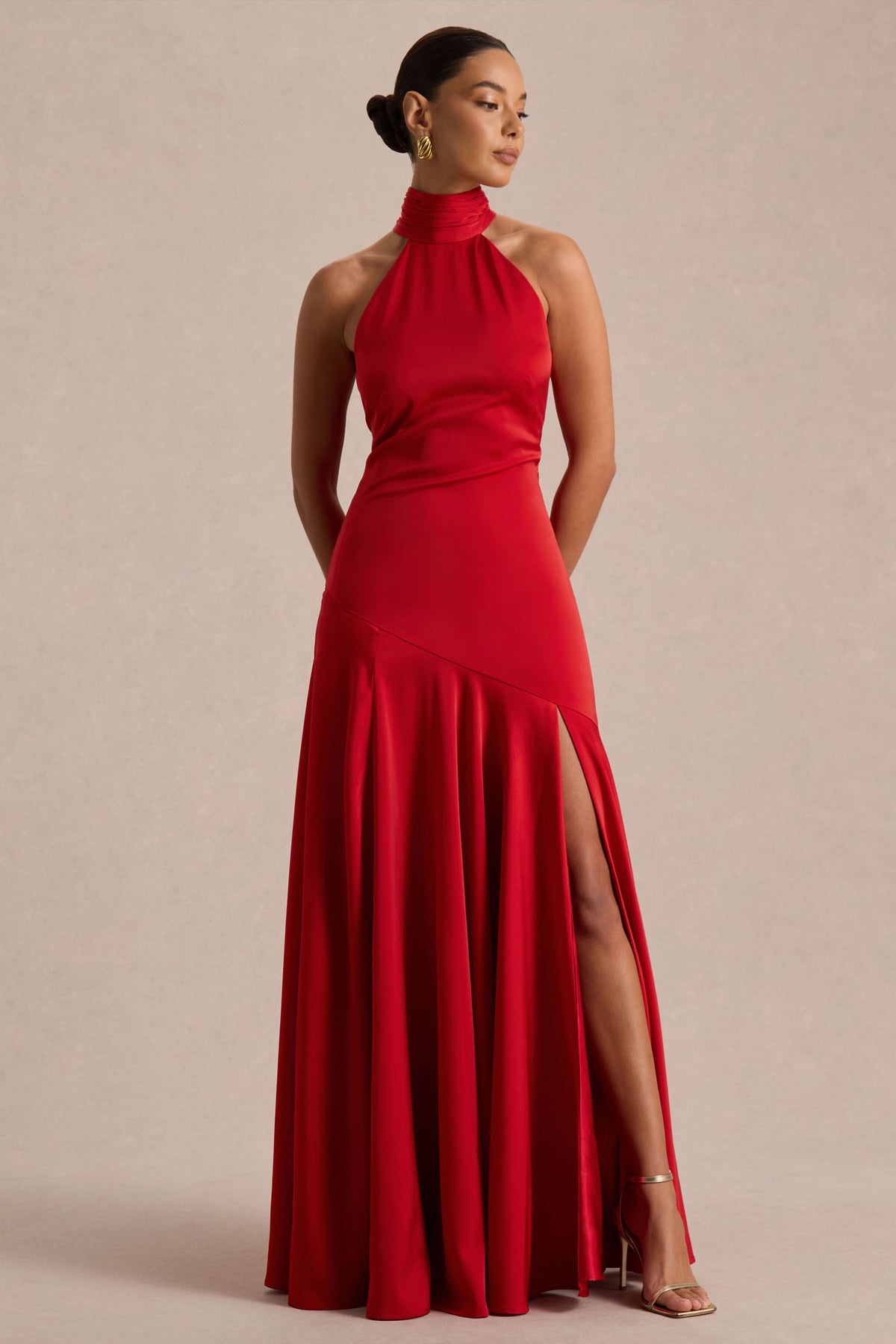 Luscious | Red High-Neck Maxi Dress with Drop-Waist and Bow Detail - UK 10 Red Luscious | Red High-Neck Maxi Dress with Drop-Waist and Bow Detail - UK 10 Red