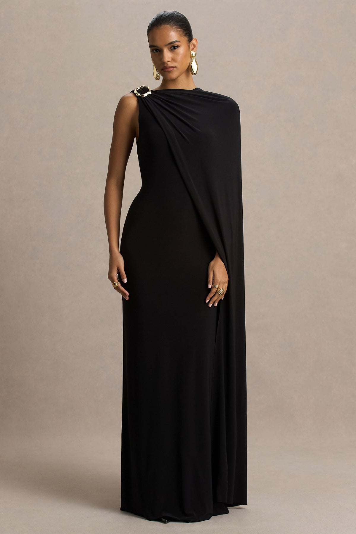 CRESSIDA | Black Asymmetric-Neck Maxi Dress with Cape and Gold Detail - UK 6 Black CRESSIDA | Black Asymmetric-Neck Maxi Dress with Cape and Gold Detail - UK 6 Black