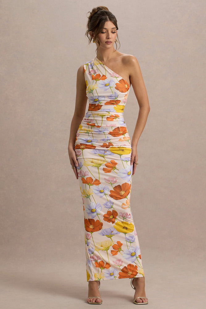 knee length dresses for ladies Multicolor Floral Satin Pleated One Shoulder Maxi Dress – PinkBlush