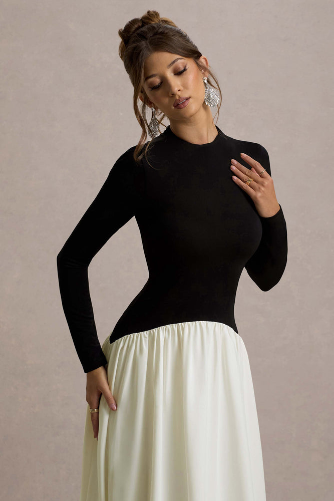 Benedetta Black & Cream Long-Sleeve Drop-Waist Maxi Dress – Club L London