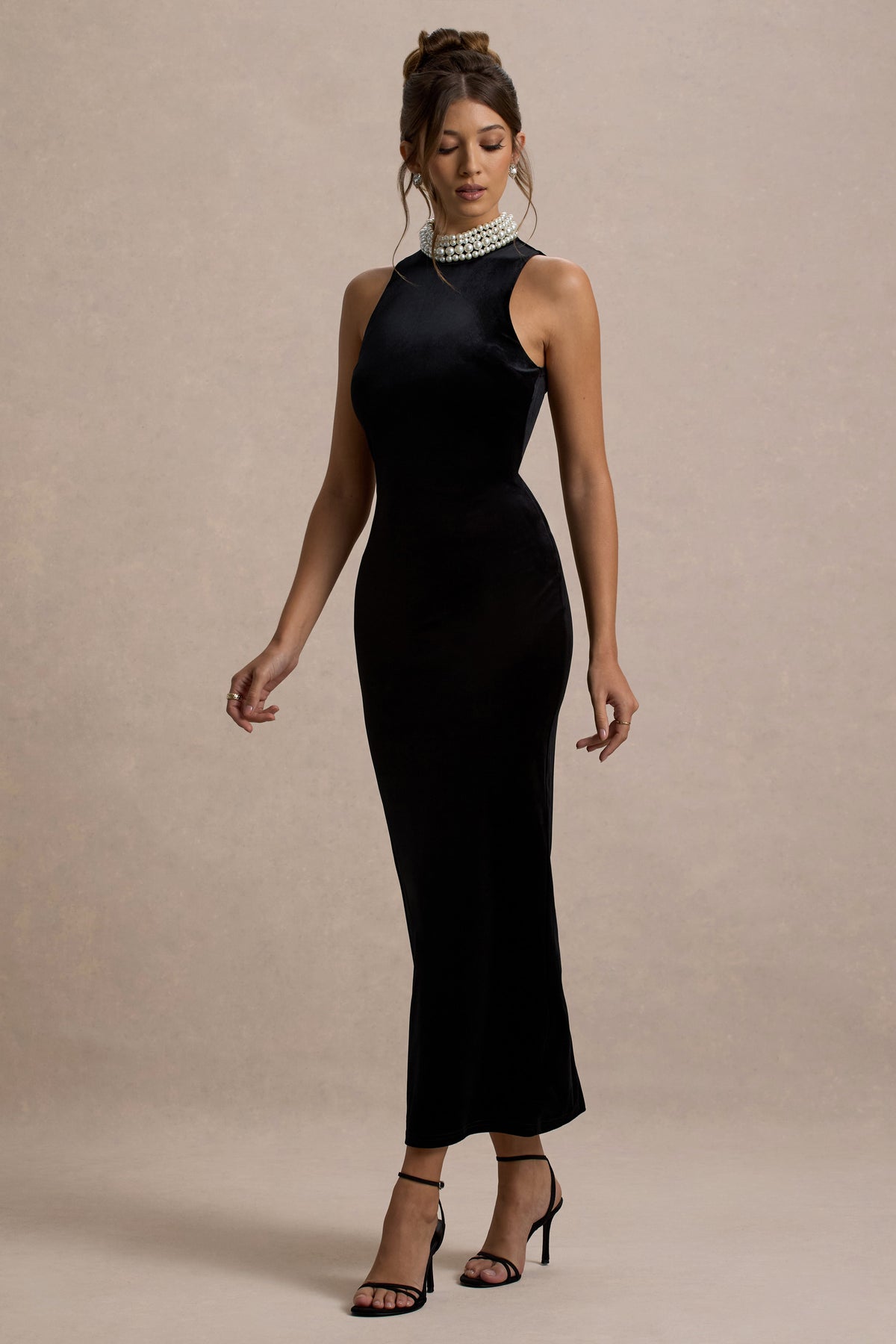 Audrine | Black Velvet Embellished High-Neck Maxi Dress - UK 12 Black Audrine | Black Velvet Embellished High-Neck Maxi Dress - UK 12 Black