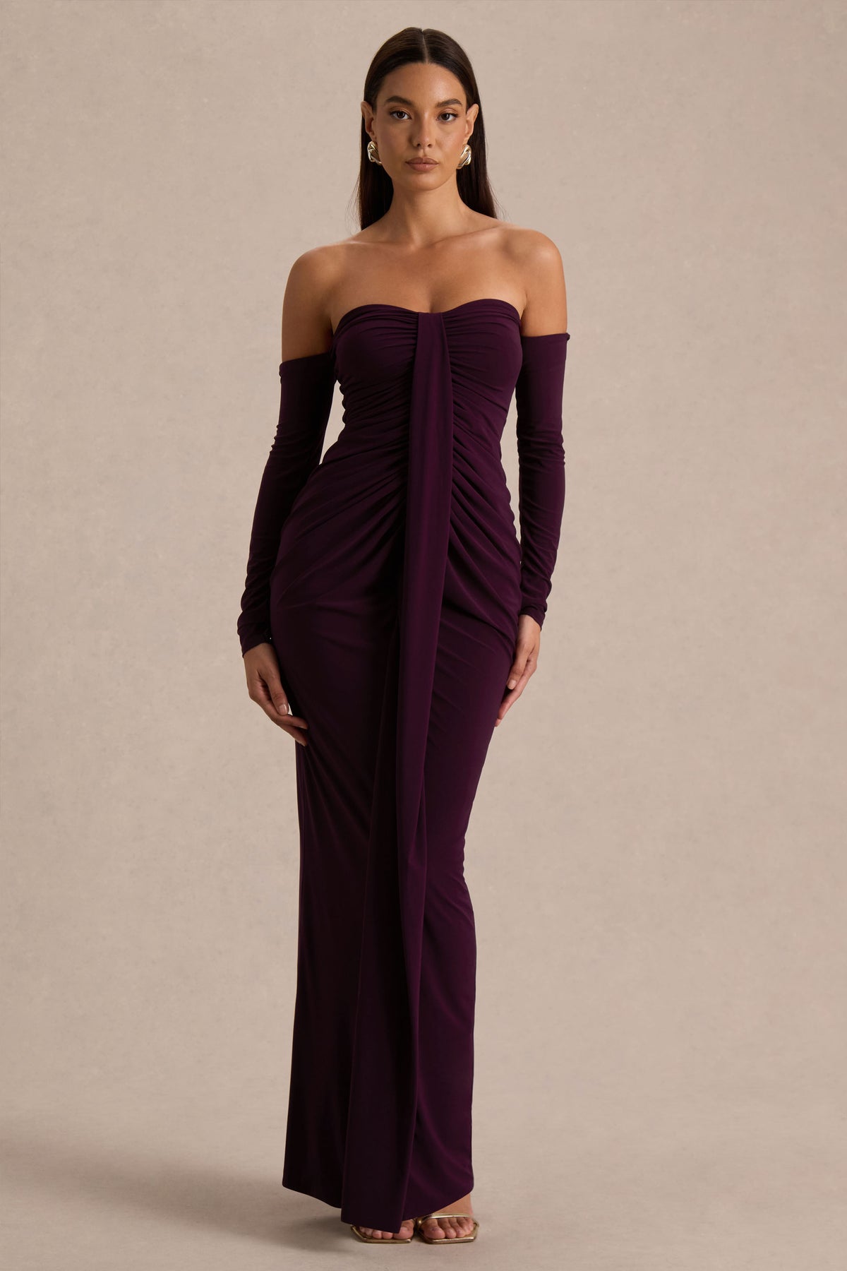 Harper | PLUM Bardot-Neck Maxi Dress - UK 12 PLUM Harper | PLUM Bardot-Neck Maxi Dress - UK 12 PLUM