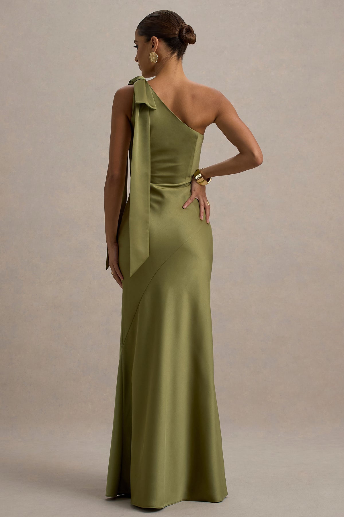 Here For Love | Khaki Satin Asymmetric Maxi Dress With Bow