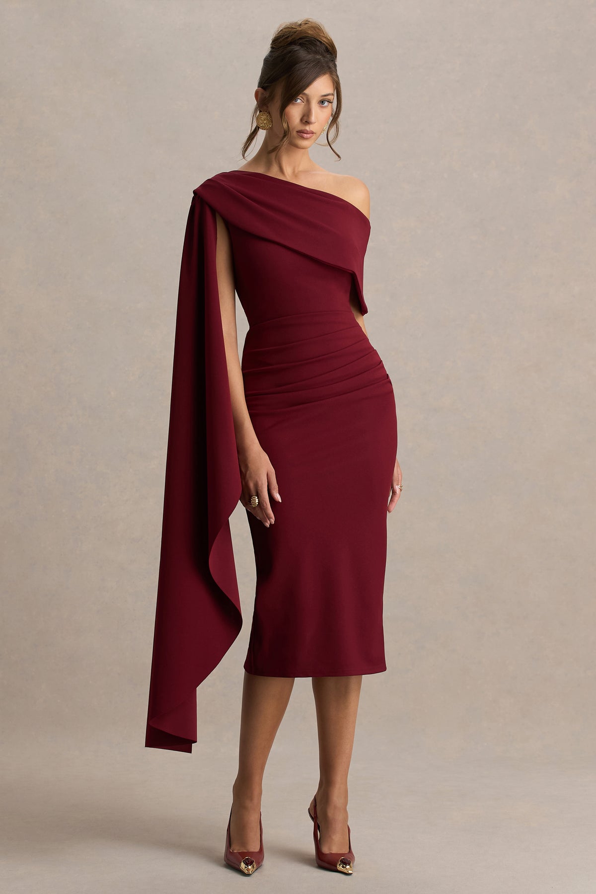 Leah | Burgundy Asymmetric-Neck Midi Dress With Cape-Sleeve US 8 / BERRY Leah | Burgundy Asymmetric-Neck Midi Dress With Cape-Sleeve US 8 / BERRY