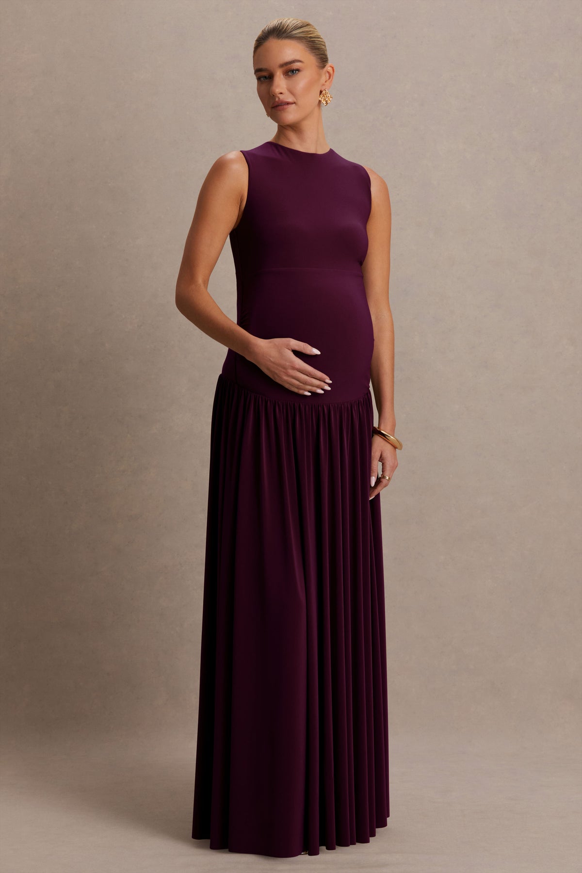 Outline Plum Crew-Neck Maternity Maxi Dress With Pleated Skirt Club L London - USA Outline Plum Crew-Neck Maternity Maxi Dress With Pleated Skirt Club L London - USA