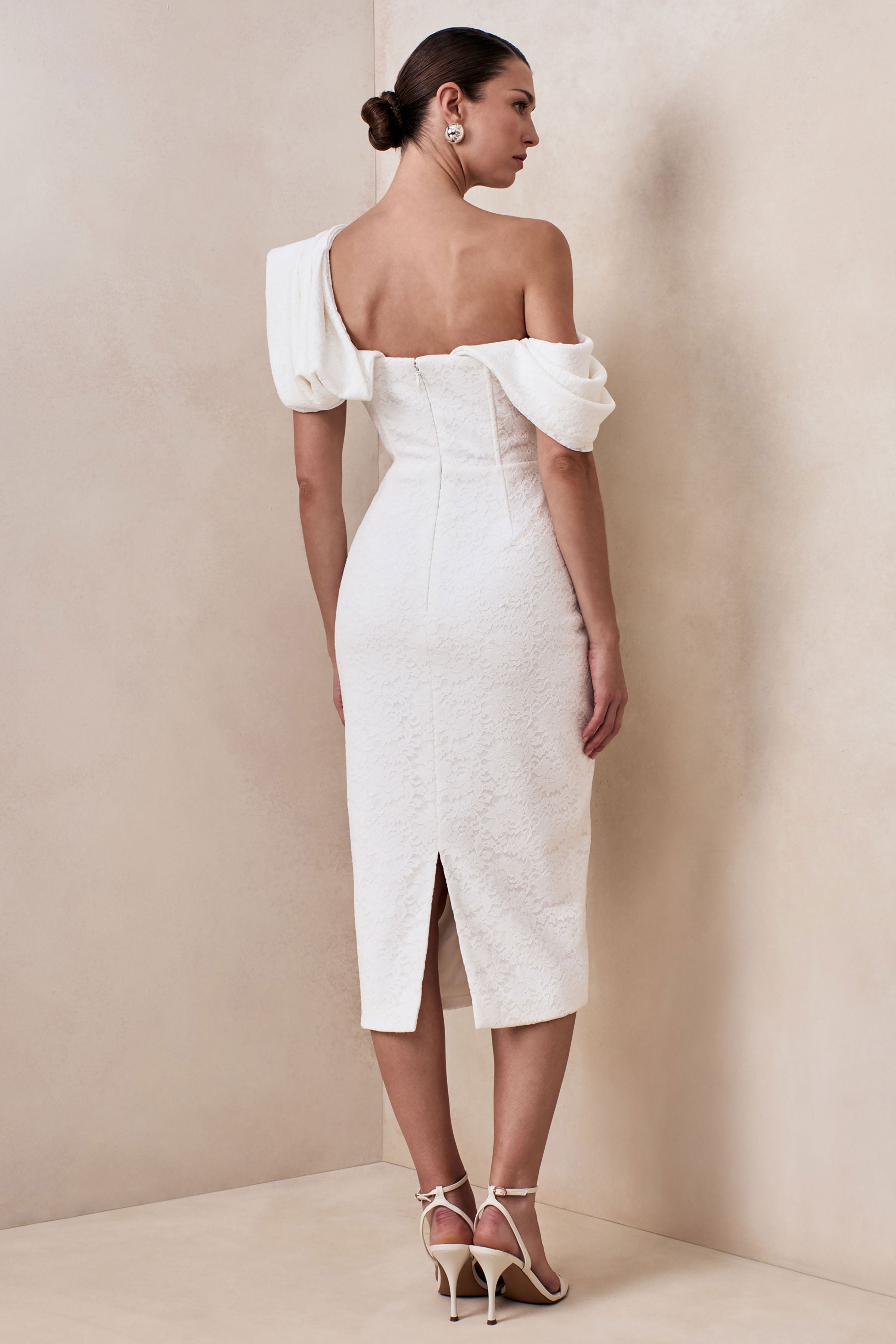 Farvera | White Lace Draped Asymmetric-Neck Midi Dress – Club L