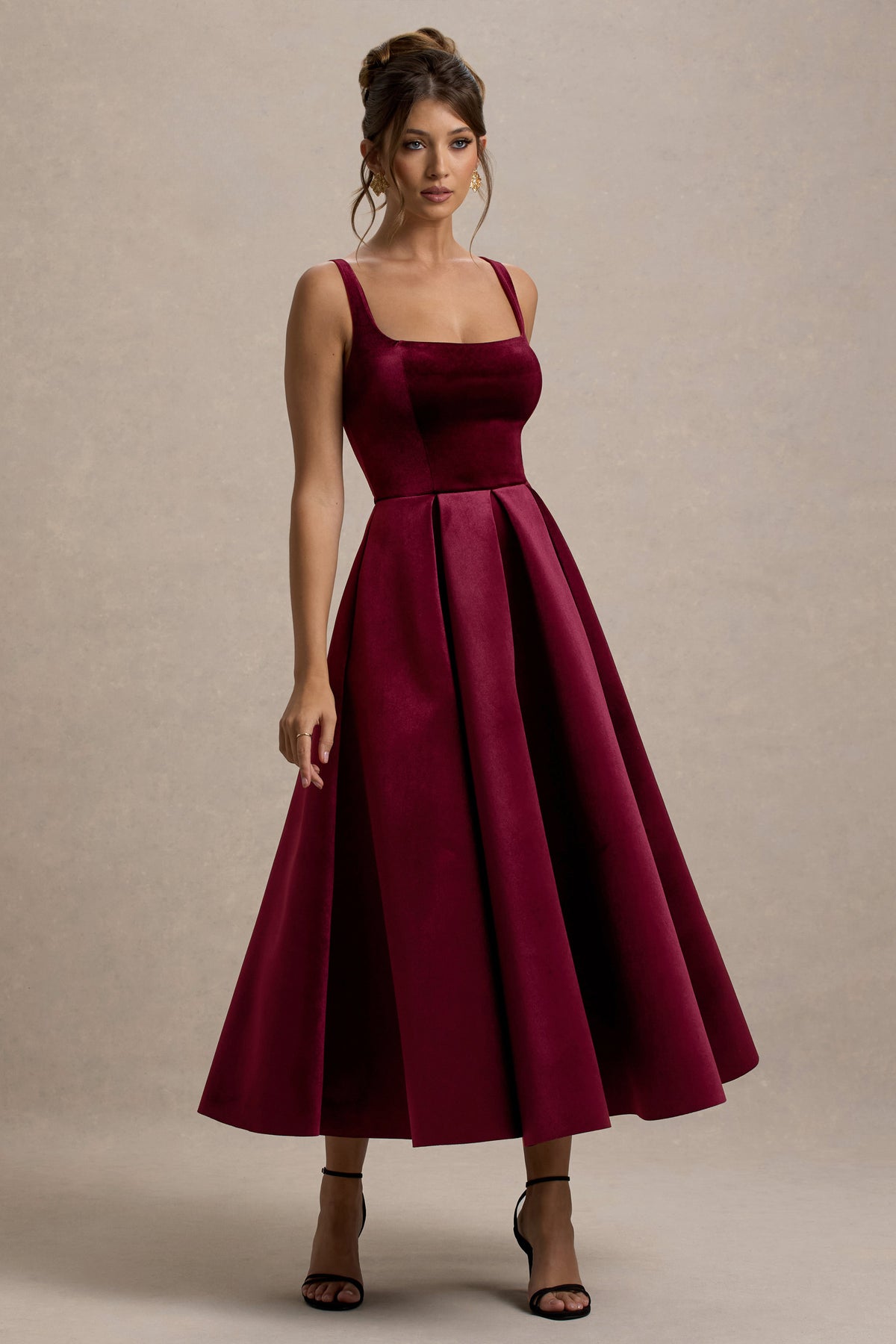 Francisca | Berry Velvet Strappy Volume-Hem Midi Dress - UK 10 Berry Francisca | Berry Velvet Strappy Volume-Hem Midi Dress - UK 10 Berry