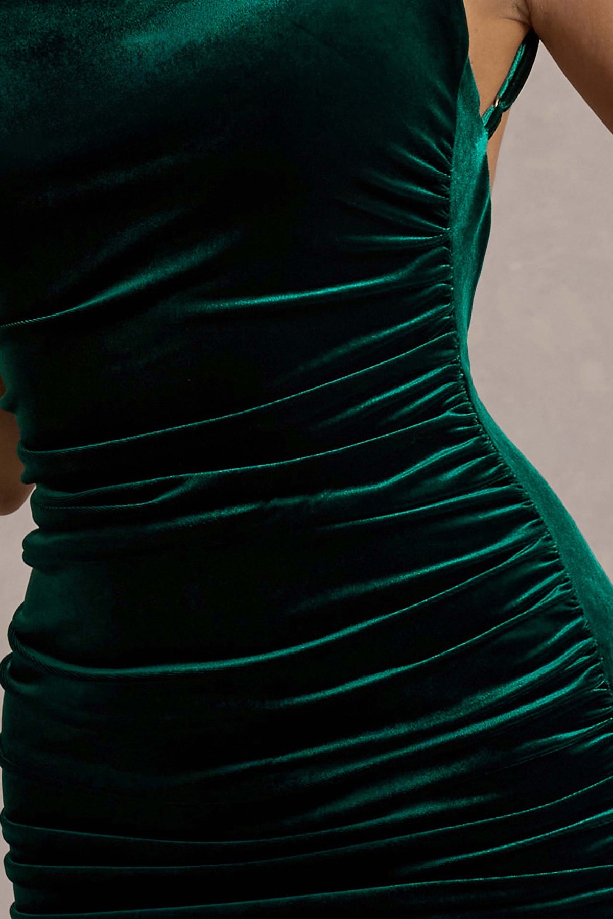 Adele Bottle Green Velvet Ruched Strappy Fishtail Maxi Dress Club L London - USA Adele Bottle Green Velvet Ruched Strappy Fishtail Maxi Dress Club L London - USA